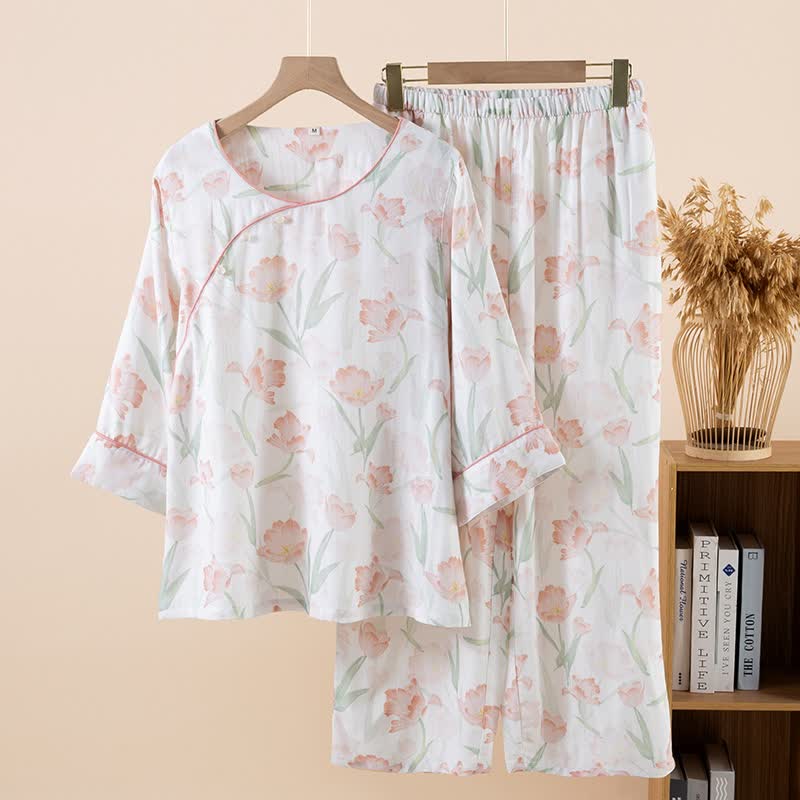 Pigiama da donna in fibra di bambù con stampa di tulipani - Rosa - XL - image 0