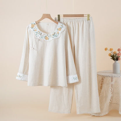 Pigiama da donna in cotone e lino con ricami floreali - Beige - XL - image 3