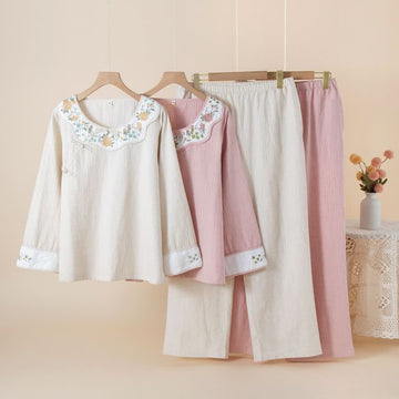 Pigiama da donna in cotone e lino con ricami floreali - image 0