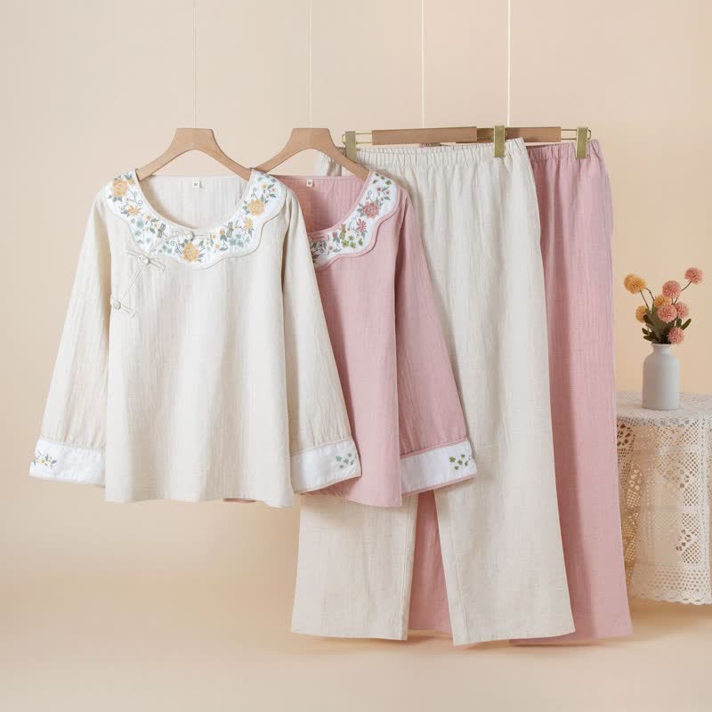 Pigiama da donna in cotone e lino con ricami floreali - image 0