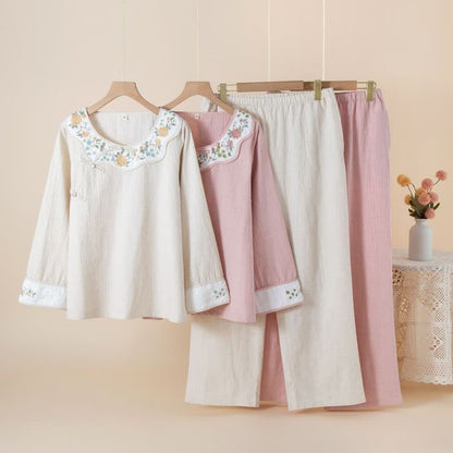 Pigiama da donna in cotone e lino con ricami floreali - image 0