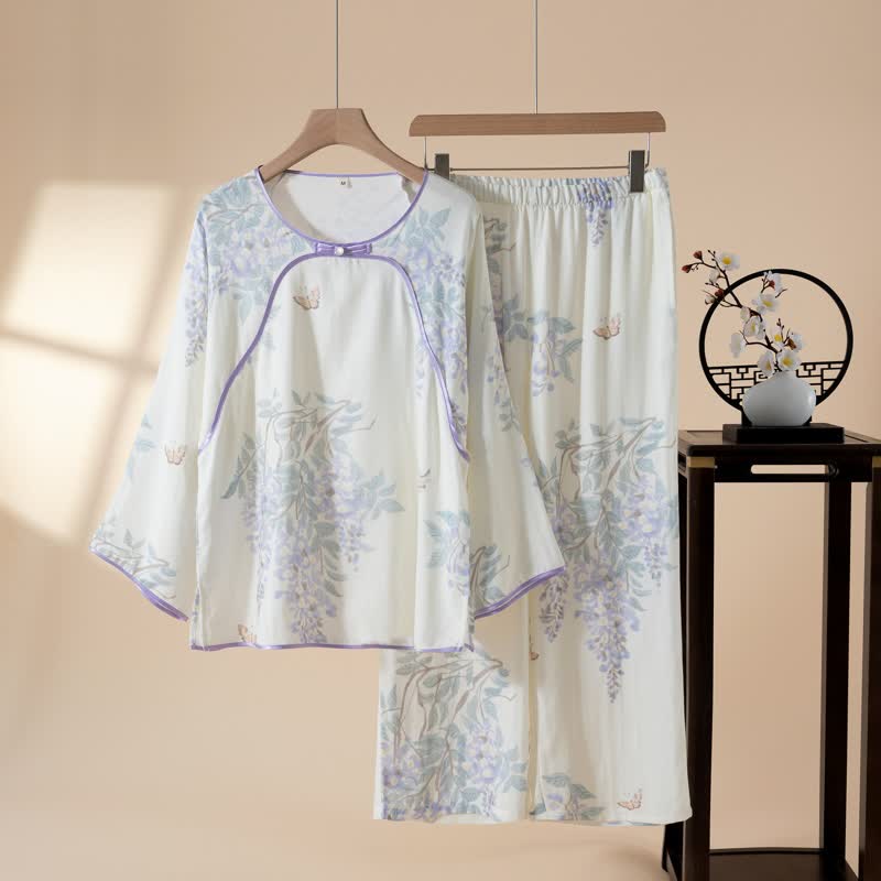 Pigiama da donna in fibra di bambù con motivo floreale e farfalle. - Viola - 2XL - image 0