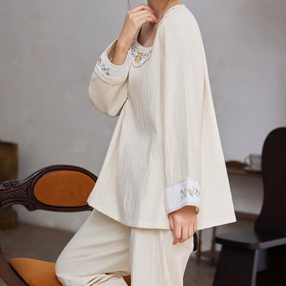 Pigiama da donna in cotone e lino con ricami floreali - image 8