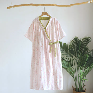 Kimono da notte in garza di cotone a fantasia floreale, abbigliamento per la casa. - Beige - L - image 0