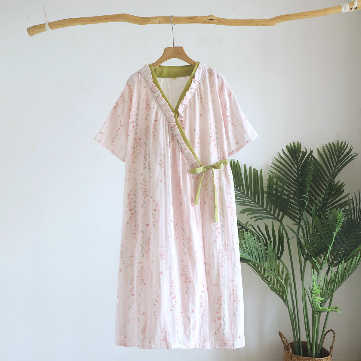 Kimono da notte in garza di cotone a fantasia floreale, abbigliamento per la casa. - Beige - L - image 0