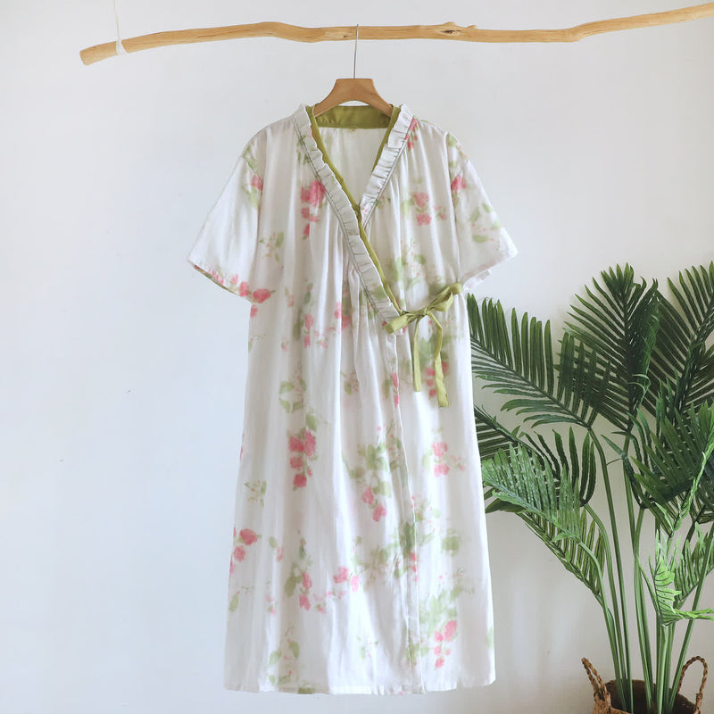Kimono da notte in garza di cotone, stile giardino botanico. - Beige - L - image 0