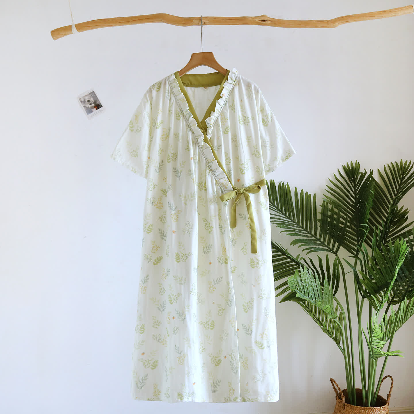 Abito Yukata in garza di cotone con motivo erbario forestale - Beige - manica corta - L - image 1