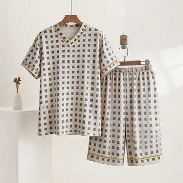 Set pigiama unisex a quadri corti con scollo a V - Grigio - 2XL - image 0