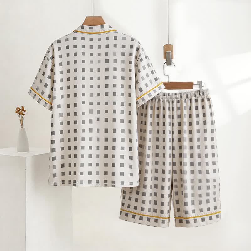 Set pigiama unisex a quadri corti con scollo a V - image 2