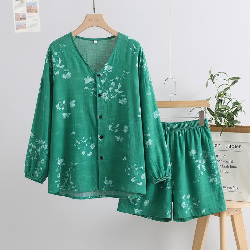 Pigiama da donna con bottoni sul davanti e stampa floreale botanica - Verde - Taglia unica - image 4