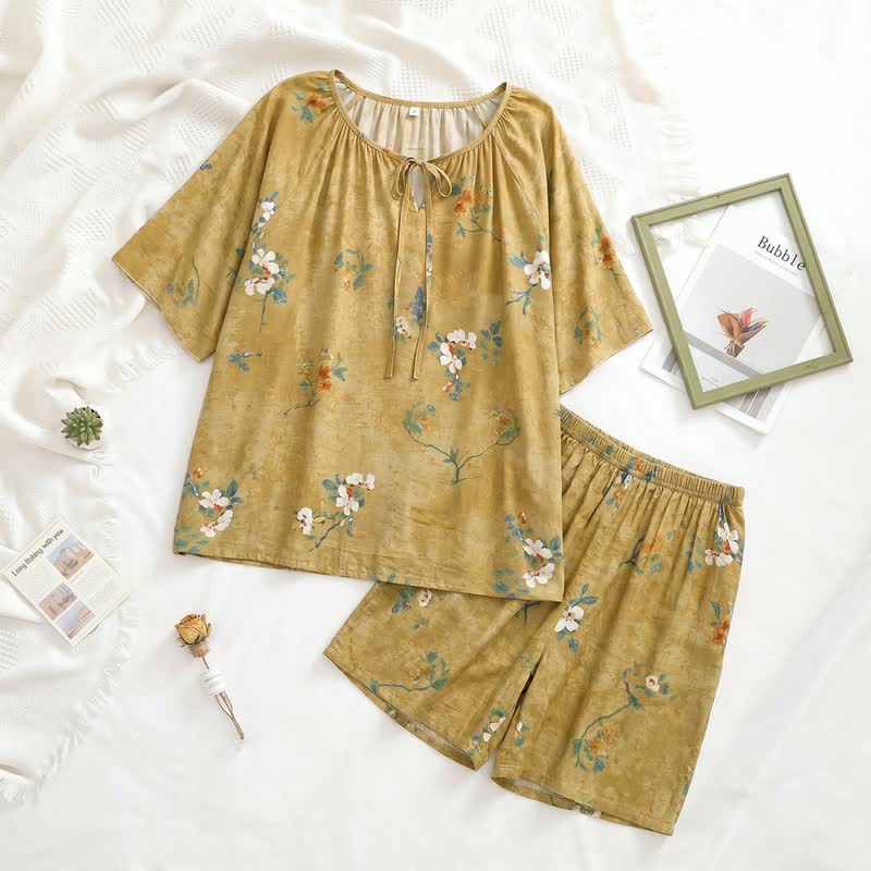Set pigiama vintage con stampa floreale botanica e cintura al collo - image 1