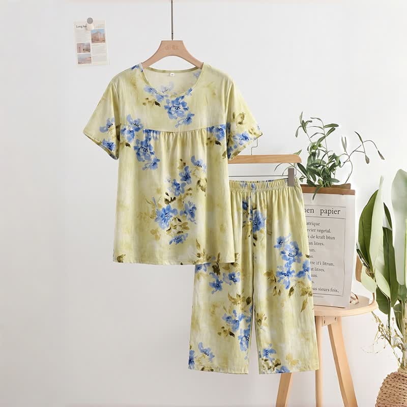 Pigiama da donna a maniche corte con stampa floreale blu - Giallo - 2XL - image 0
