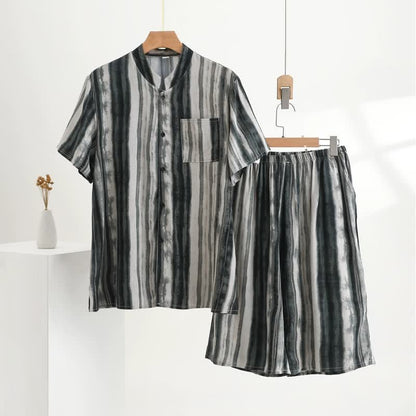 Pigiama unisex a righe con colletto alla coreana - Grigio - 5XL - image 0