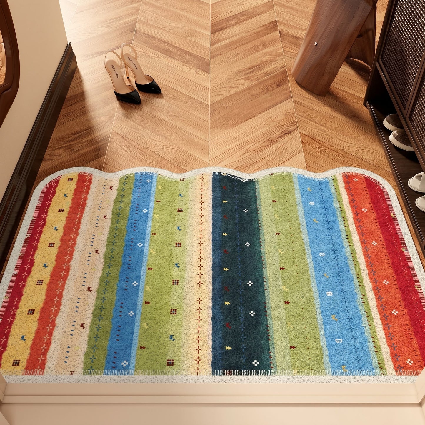 Tappeto antiscivolo in PVC a righe arcobaleno in stile boho - 35'' × 47'' - image 0