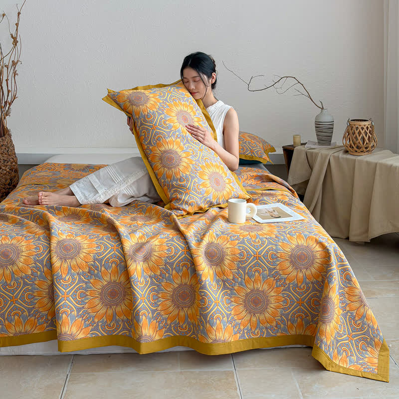 Trapunta a 3 strati in mussola di cotone con motivo girasoli in stile boho - image 5