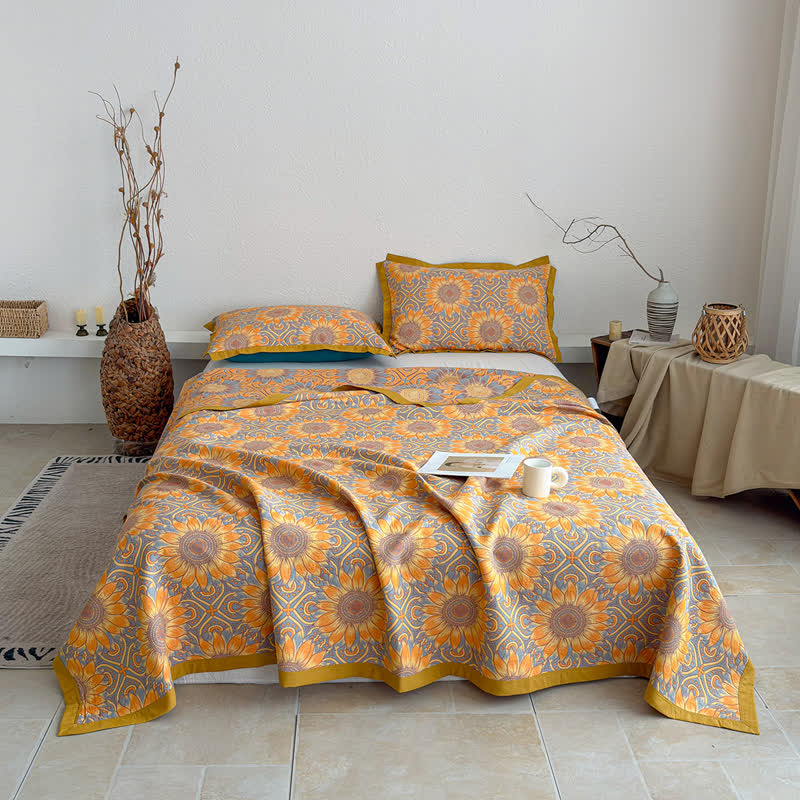 Trapunta a 3 strati in mussola di cotone con motivo girasoli in stile boho - image 1