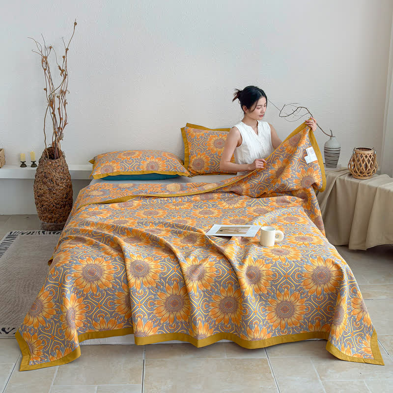 Trapunta a 3 strati in mussola di cotone con motivo girasoli in stile boho - image 2