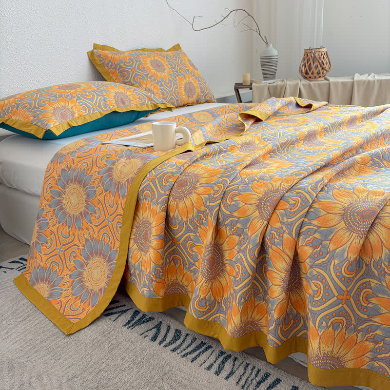 Trapunta a 3 strati in mussola di cotone con motivo girasoli in stile boho - image 6