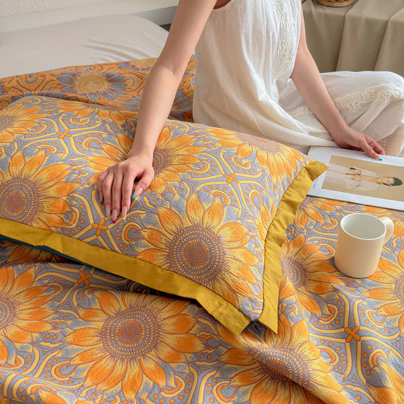 Trapunta a 3 strati in mussola di cotone con motivo girasoli in stile boho - image 9