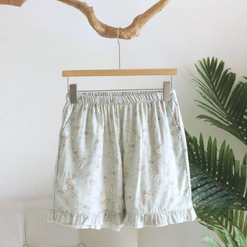 Pantaloncini da pigiama in garza di cotone a fantasia floreale con volant. - Verde - XL - image 0