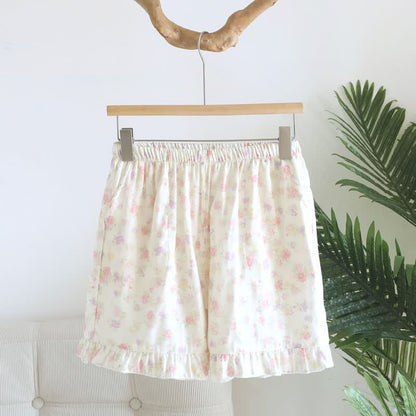 Pantaloncini da pigiama in cotone con volant e stampa floreale - Beige - XL - image 0