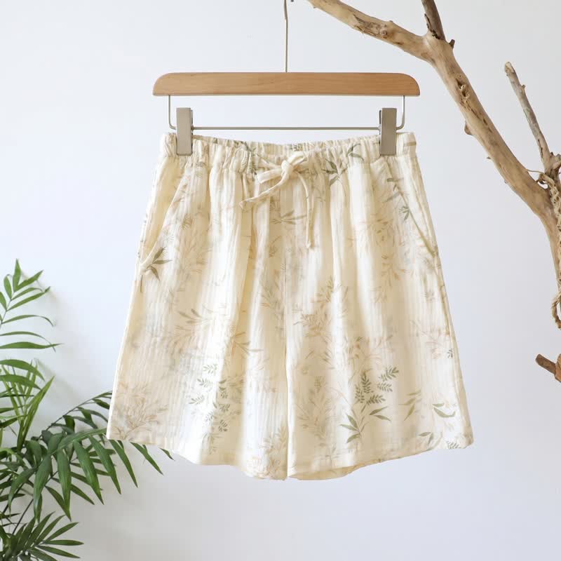 Pantaloncini da pigiama da donna in garza di cotone con motivi botanici - Beige - XL - image 0