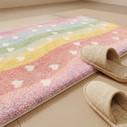 Tappeto da bagno antiscivolo in pelliccia sintetica con motivo a cuore arcobaleno - image 4
