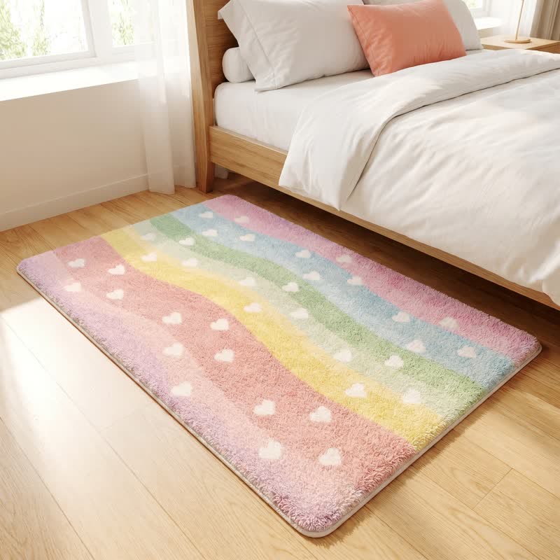 Tappeto da bagno antiscivolo in pelliccia sintetica con motivo a cuore arcobaleno - image 2