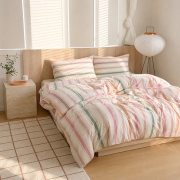 Set di biancheria da letto in cotone a righe multicolore, stile nordico, morbido e raffinato - Marrone - Matrimoniale Grande - Set di biancheria da letto - image 0
