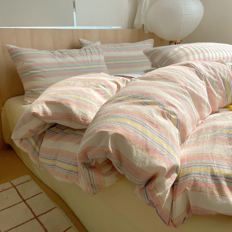 Set di biancheria da letto in cotone a righe multicolore pastello. - Rosa fresco - Matrimoniale Grande - Set di biancheria da letto - image 6