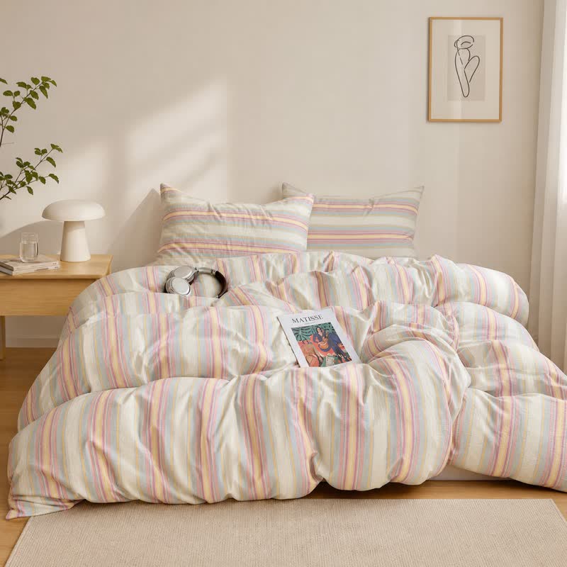 Set di biancheria da letto in cotone a righe multicolore pastello. - Rosa crema - Matrimoniale Grande - Set di biancheria da letto - image 0