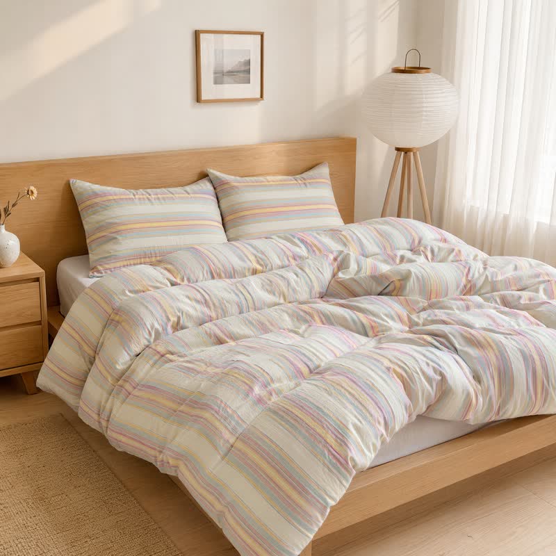 Set di biancheria da letto in cotone a righe multicolore pastello. - image 1