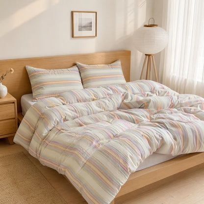 Set di biancheria da letto in cotone a righe multicolore pastello. - image 1