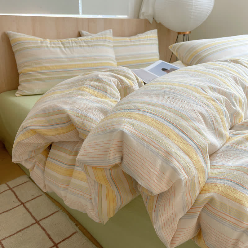 Set di biancheria da letto in cotone lavato a righe multicolore in stile nordico - Giallo - Matrimoniale Grande - Set di biancheria da letto - image 2
