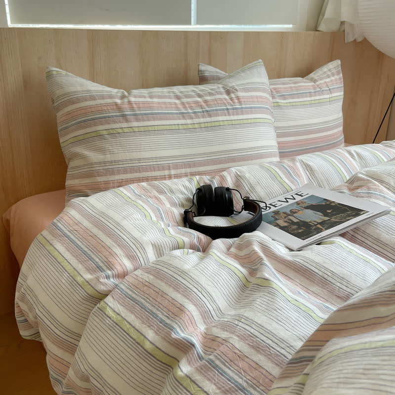 Set di biancheria da letto in cotone lavato a righe multicolore in stile nordico - Rosa - Matrimoniale Grande - Set di biancheria da letto - image 6