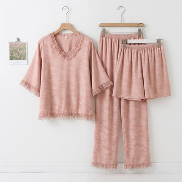 Completo pigiama in jacquard rosa con volant (3 pezzi) - Rosa - 2XL - image 0