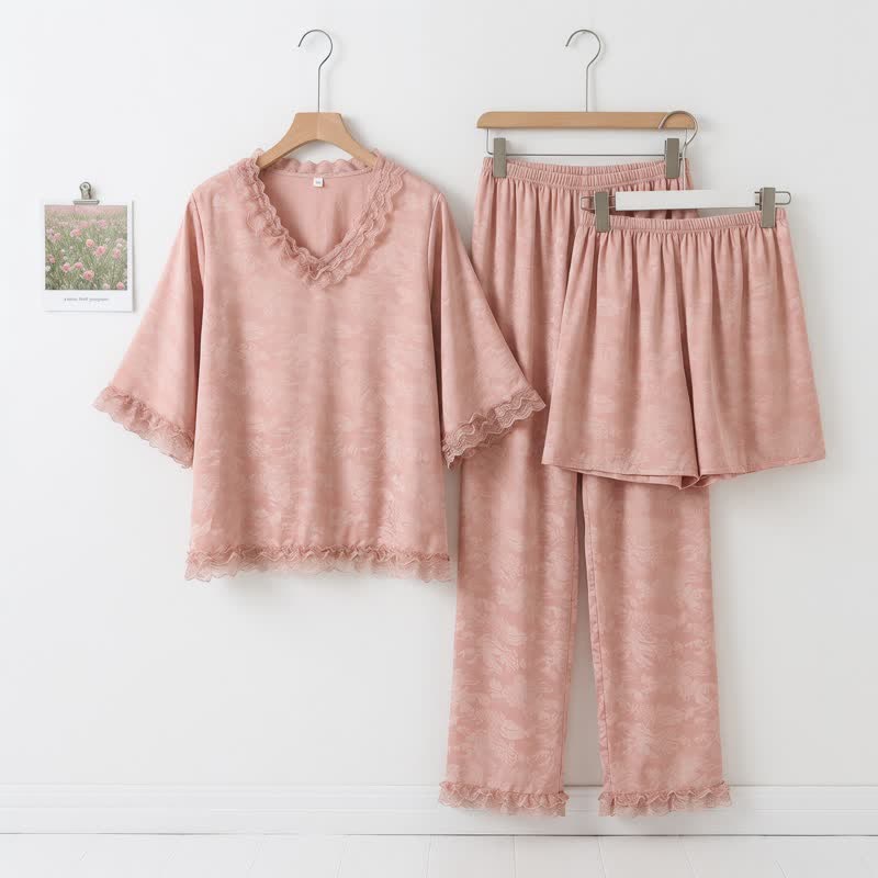 Completo pigiama in jacquard rosa con volant (3 pezzi) - Rosa - 2XL - image 0