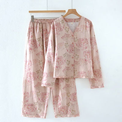Pigiama in garza di cotone con stampa floreale di peonie rosa - Rosa - XL - image 0