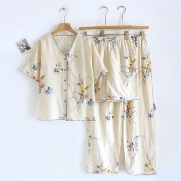 Pigiama da donna in cotone con stampa floreale Iris (3 pezzi) - Beige - XL - image 0
