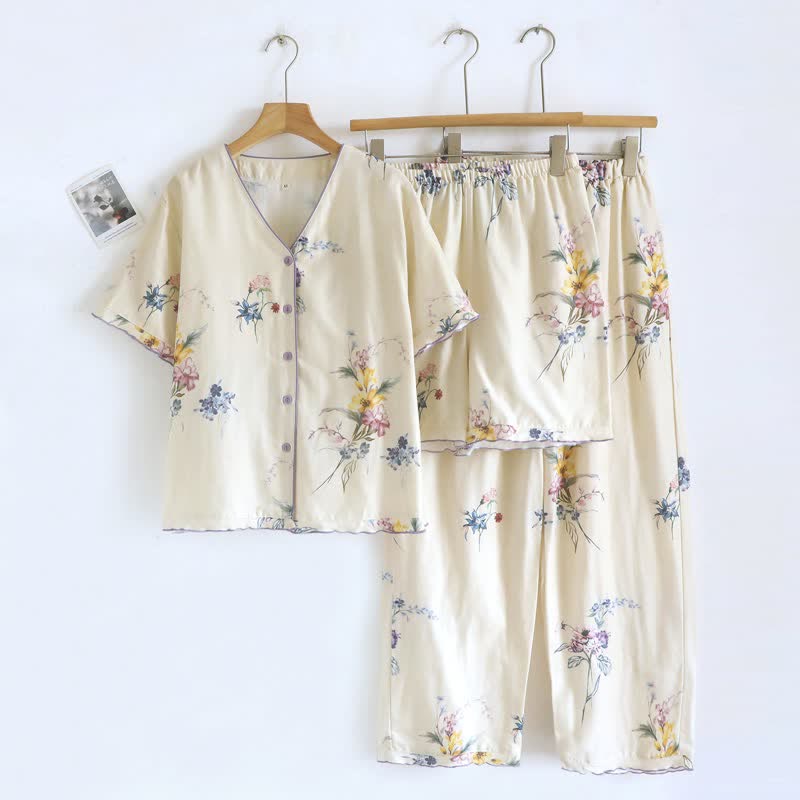 Pigiama da donna in cotone con stampa floreale Iris (3 pezzi) - Beige - XL - image 0