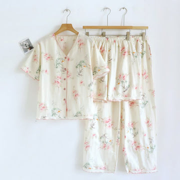 Set pigiama in cotone a maniche corte con stampa floreale (3 pezzi) - Bianco - XL - image 0