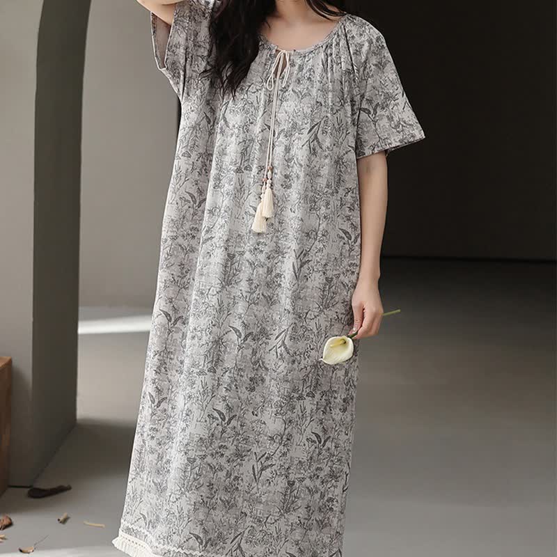 Camicia da notte boho grigia in cotone con nappine - image 2