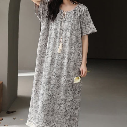 Camicia da notte boho grigia in cotone con nappine - image 2