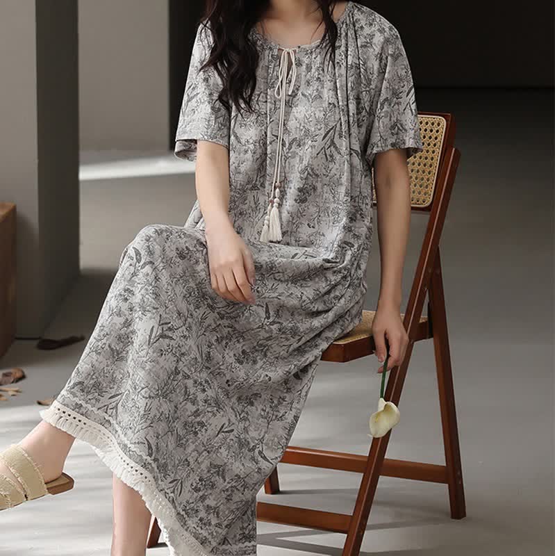 Camicia da notte boho grigia in cotone con nappine - image 1