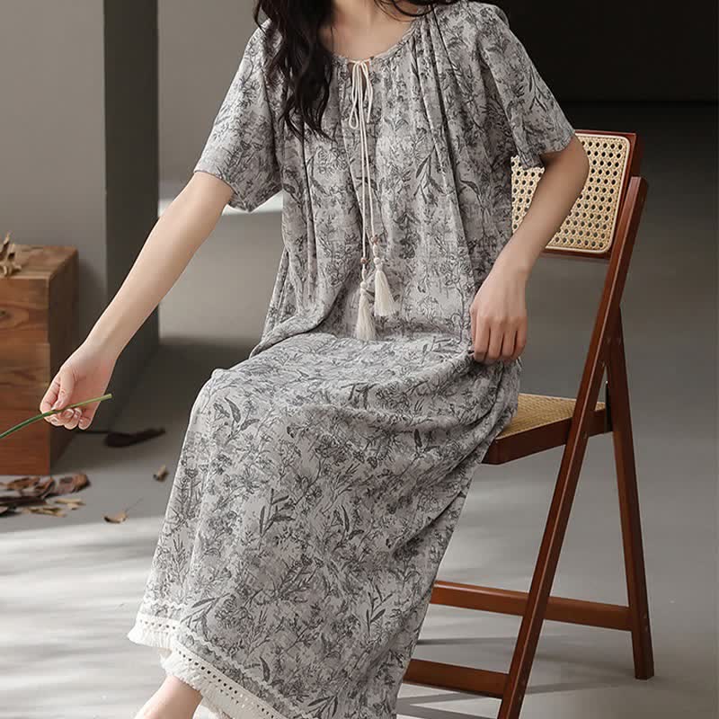 Camicia da notte boho grigia in cotone con nappine - image 3