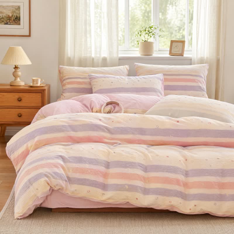 Set di biancheria da letto triplo in garza con motivo a righe pastello e stelle. - Arcobaleno - Matrimoniale Grande - Foglio piano - image 0