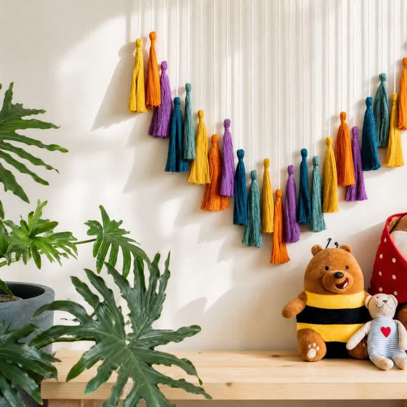 Ghirlanda decorativa di nappe arcobaleno in cotone intrecciato a mano - image 4