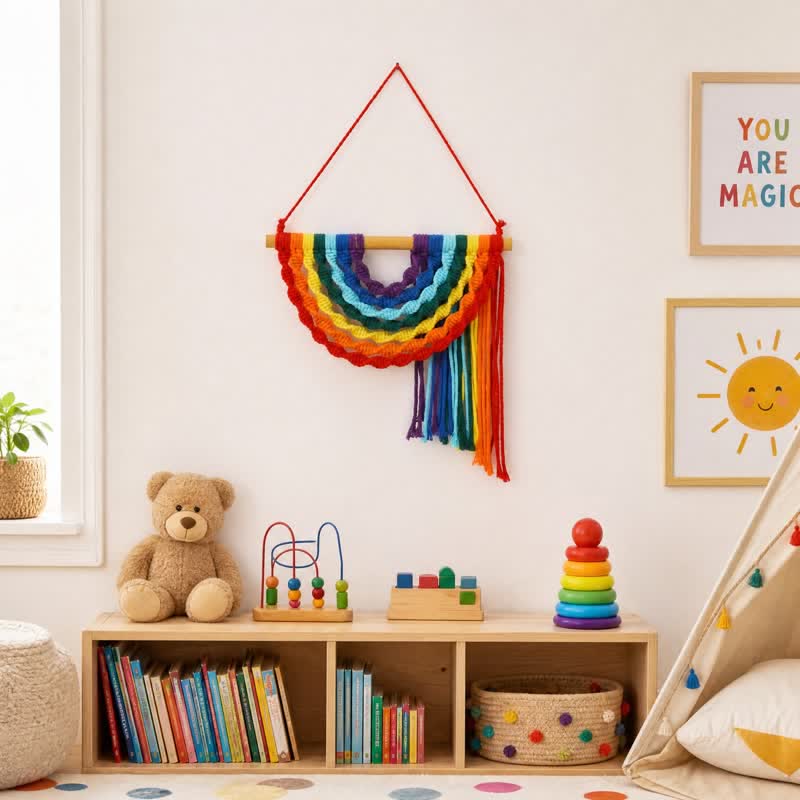 Decorazione da parete in corda di cotone arcobaleno intrecciata a mano - Arcobaleno - 9,8″ × 9,8″ - image 0