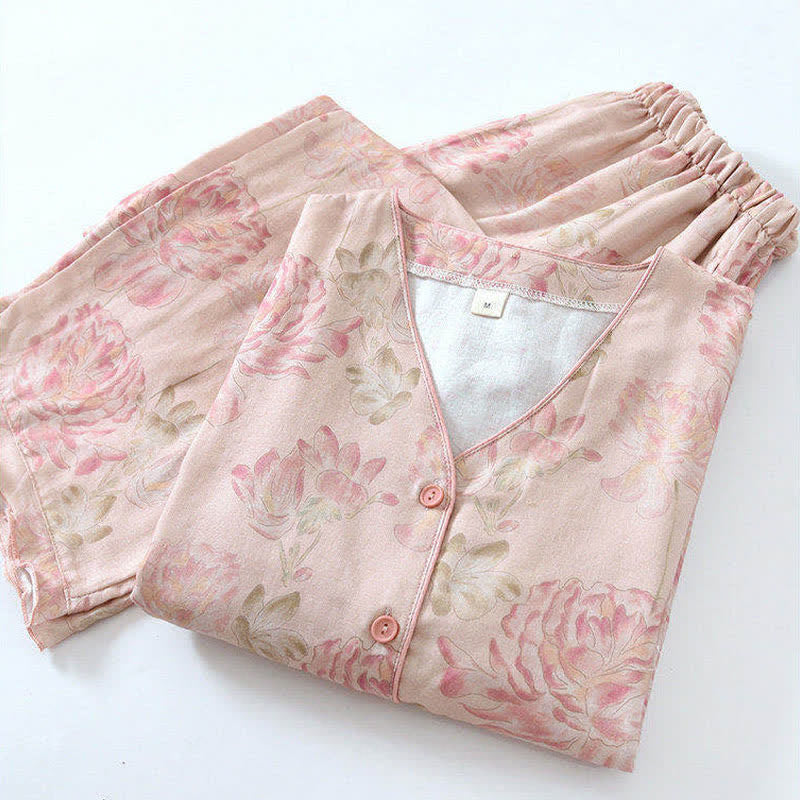 Pigiama in garza di cotone con stampa floreale di peonie rosa - image 1