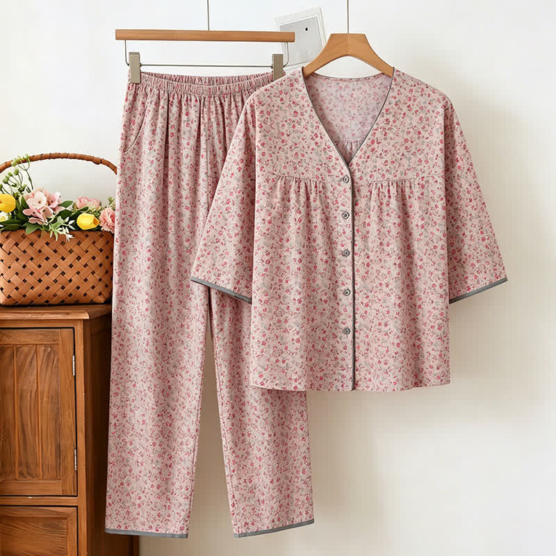Set pigiama da donna in cotone con stampa floreale rustica - Rosa - 3XL - image 0